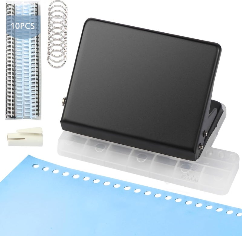 CAETOUNG 10 Hole Punch Binding Machine for Planner, Metal Binder Machine Kit with 10Pcs Plastic Comb Binding Spines & 30Pcs Loose Leaf Binder Rings, Binder Hole Puncher for A4, A5 and B5 Paper - Image 1